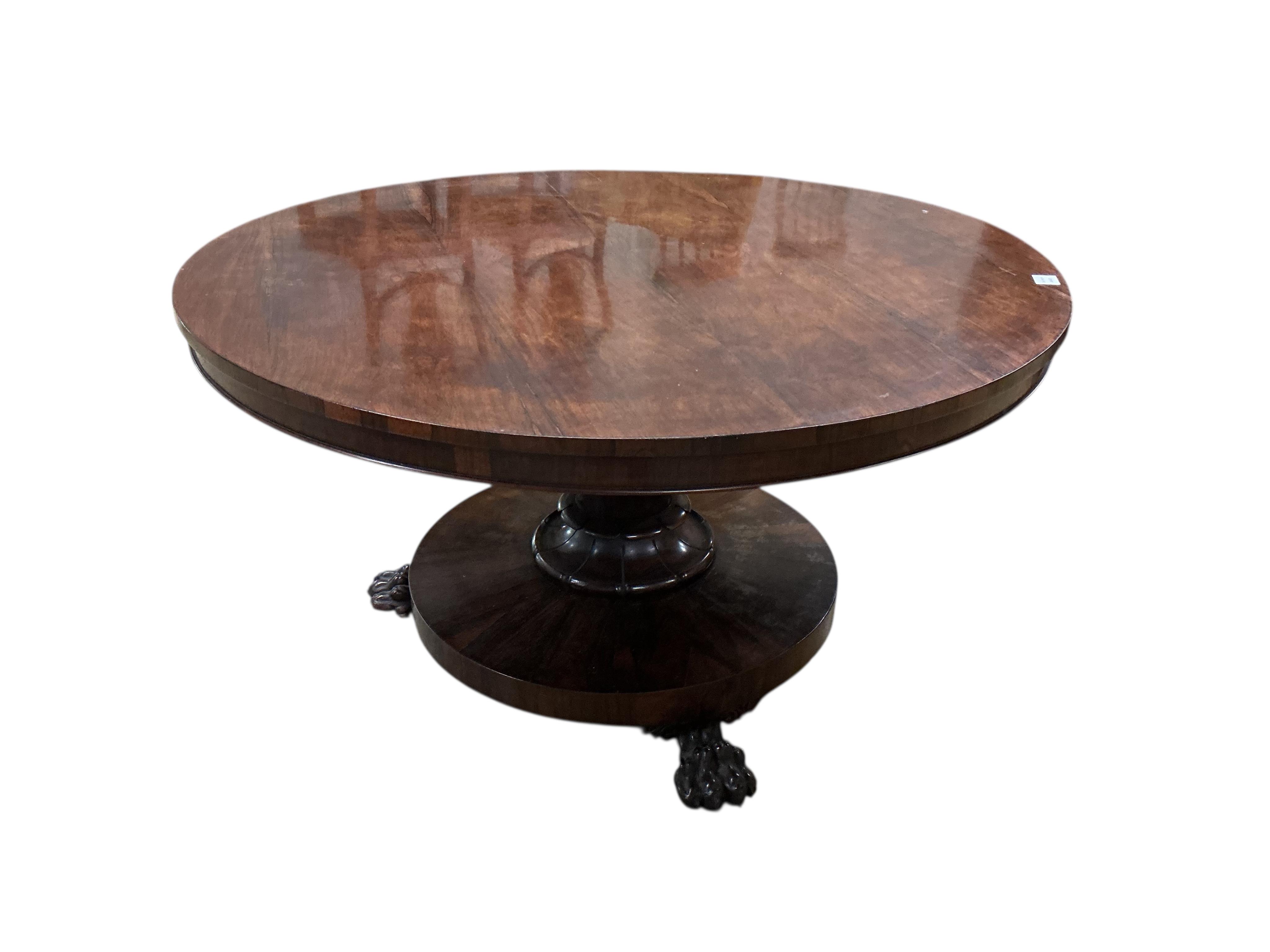An early Victorian circular rosewood tilt top breakfast table, diameter 128cm, height 72cm